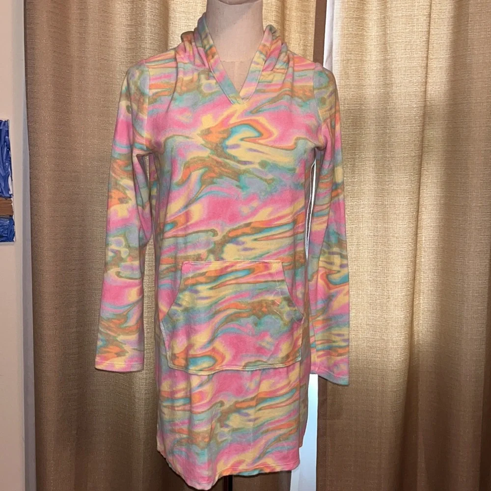 Lands End Tie Dye Hooded Pool Swim Cover Up Long Sleeve with Pocket Girls XL